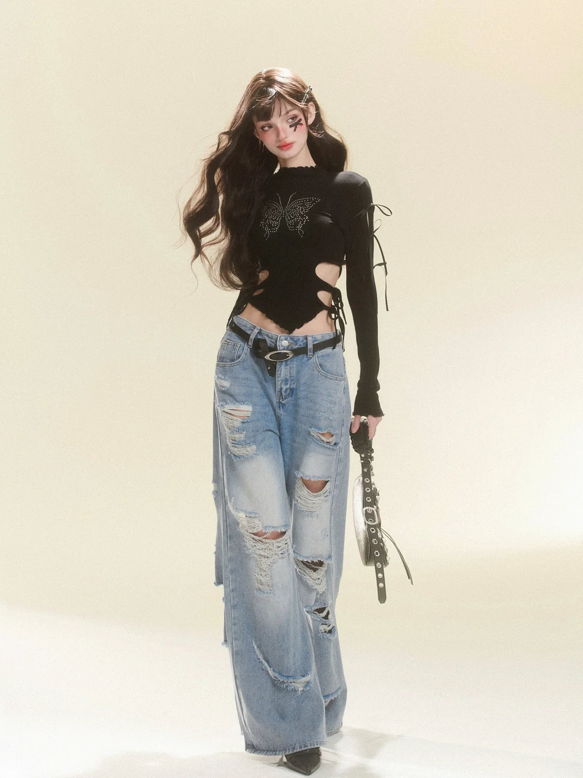 Long Pants Denim Damaged Wide