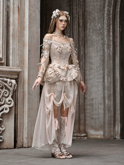 Court Strap Lace Ballet Cardigan Tops Crochet Sleeve Inner Off-Shoulder