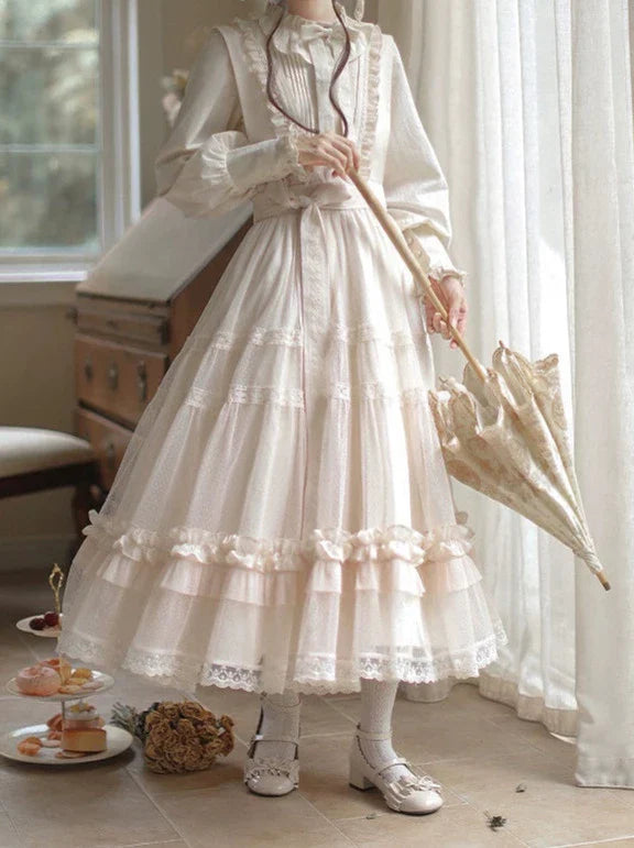 Haut à pois taille haute Lolita à volants et ruban, robe d'été légère, élégante et douce avec ruban en dentelle