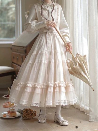 Haut à pois taille haute Lolita à volants et ruban, robe d'été légère, élégante et douce avec ruban en dentelle