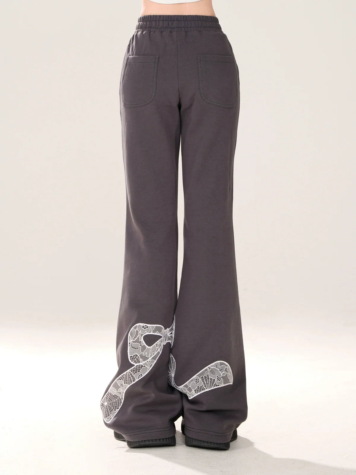 Niche Lace Design Casual Gray Ribbon Pants