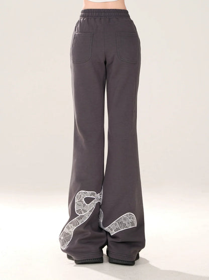 Niche Lace Design Casual Gray Ribbon Pants