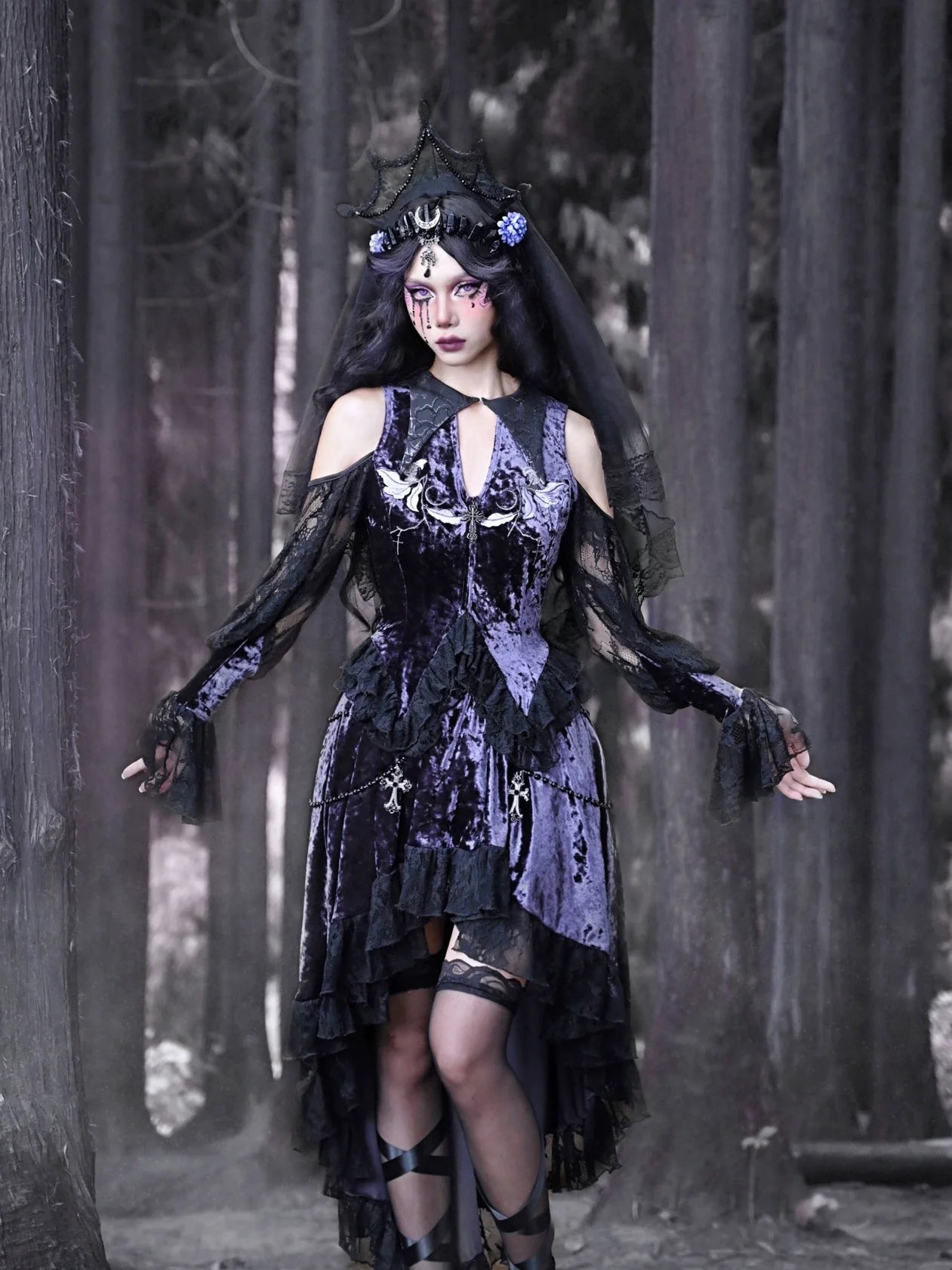 Lunaf Velvet Embroidered Gothic Bell Top Lace Sleeve Collar Pointed