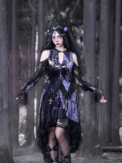 Lunaf Velvet Embroidered Gothic Bell Top Lace Sleeve Collar Pointed