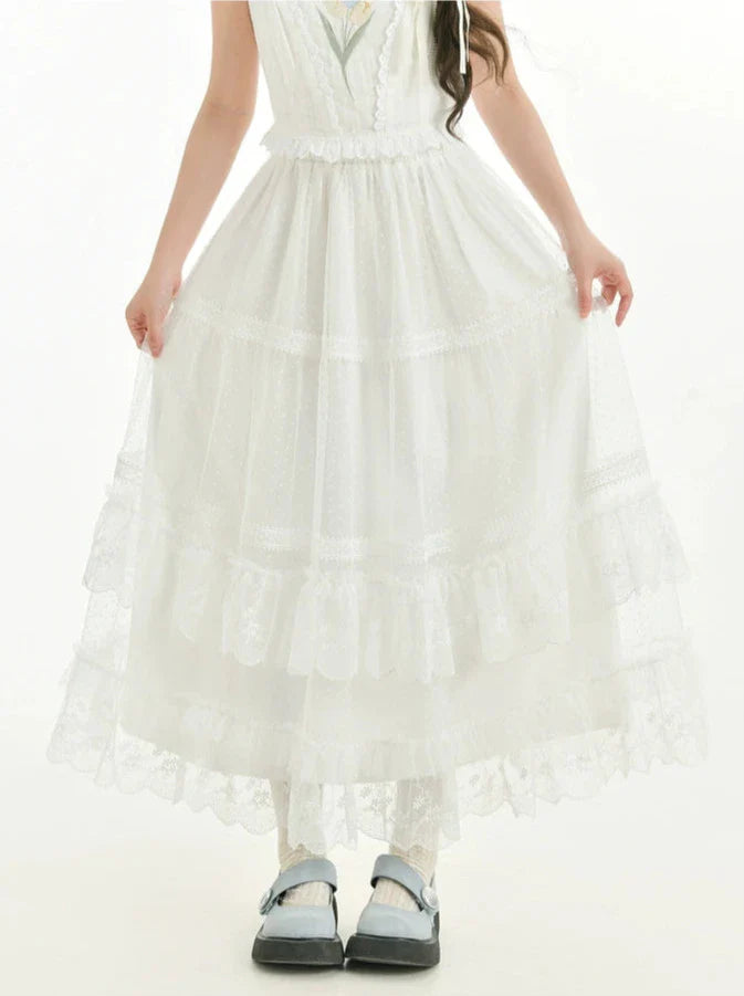 Fairy Style Openwork Knit Cardigan + Camisole Top + Long Cake Skirt
