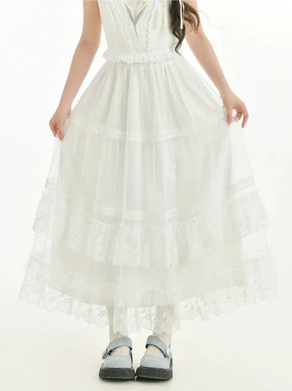 Fairy Style Openwork Knit Cardigan + Camisole Top + Long Cake Skirt
