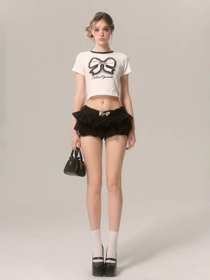 Slim Printed White T-Shirt Ribbon Short