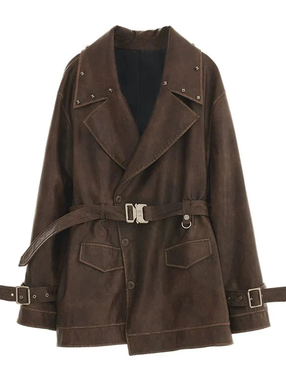 Veste en cuir avec ceinture et coupe-vent poli