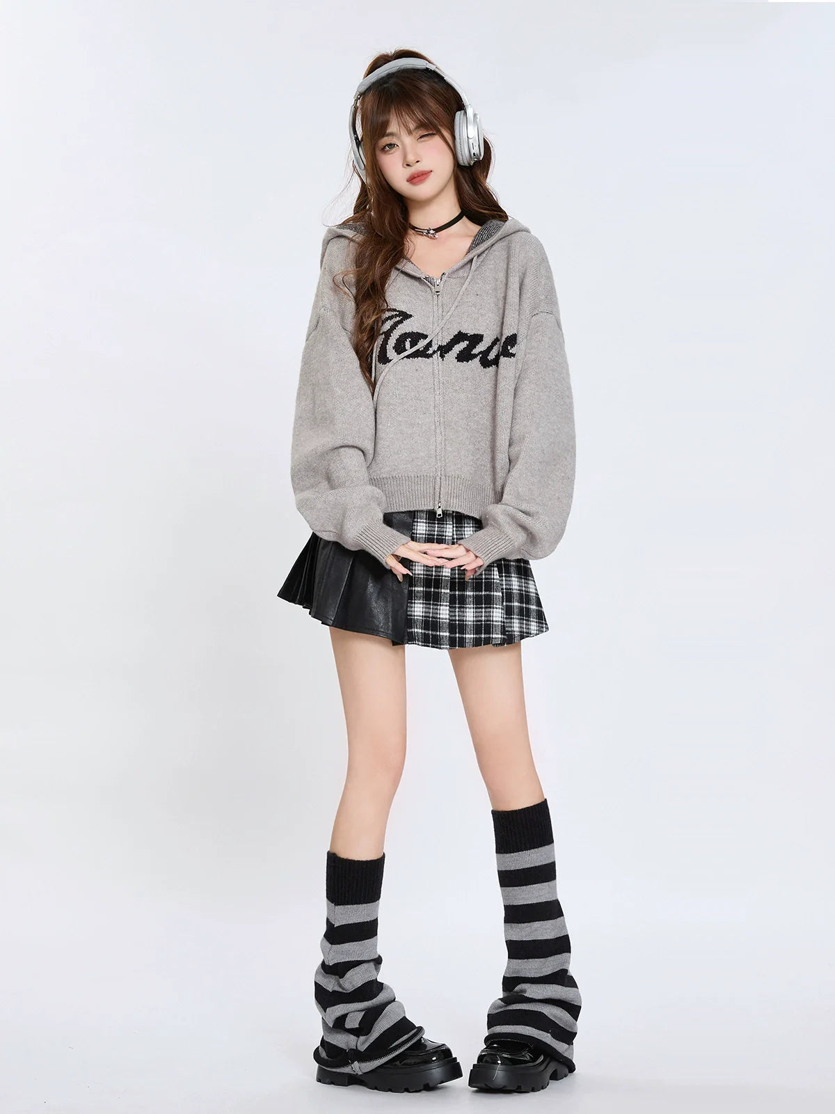 Double Hoodie Knit American Zip Cardigan
