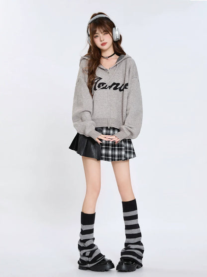 Double Hoodie Knit American Zip Cardigan