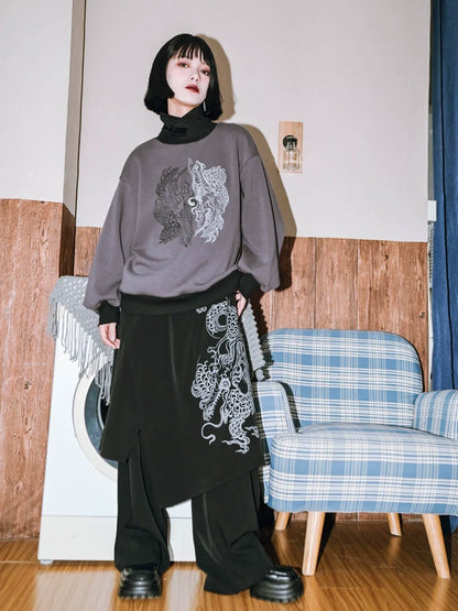 Two Piece Faux Splicing Pants Layered Wide Dragon