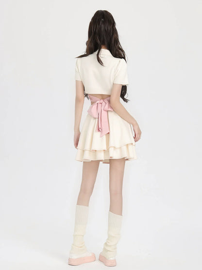 Back Style Collar Polo Ribbon Skirt Shirt Ballet Short