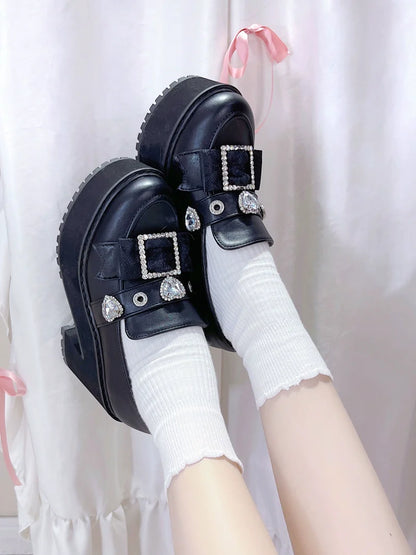 Enamel Platform Shoes Matte Toe Jewel Pointed Black Black Loafer