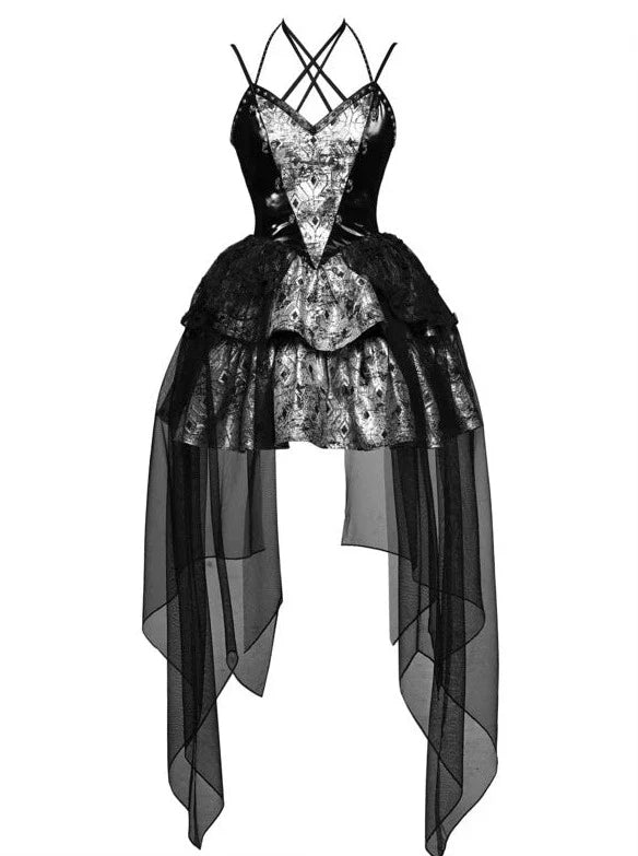 PU Suspender Punk Halter-neck Mesh Metallic Off-the-shoulder Tulle + Top Dress Sheer