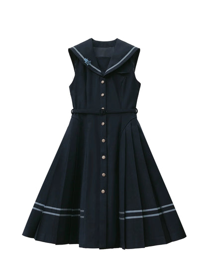 Shirt Dress Color + Tie Pleated Navy Suit Striped Badge Retro Magic Dress Academy