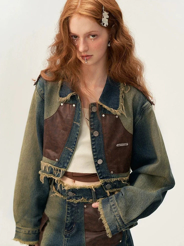 Veste en jean Osh Denim + Jupe Patchwork Cuir Court Rétro