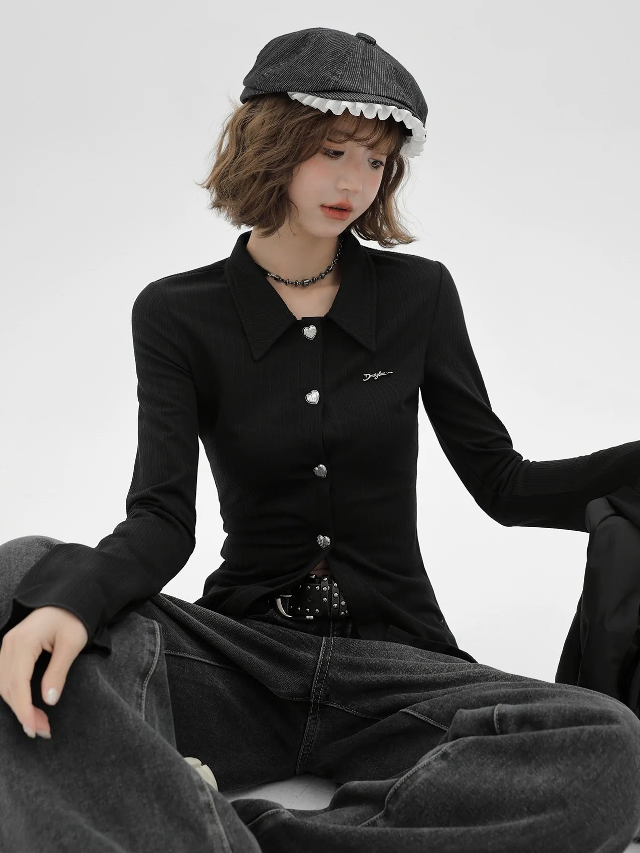Knit Bell Black Slim Polo Collar Cardigan Sleeve Retro
