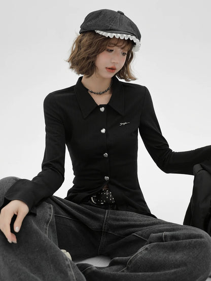 Knit Bell Black Slim Polo Collar Cardigan Sleeve Retro
