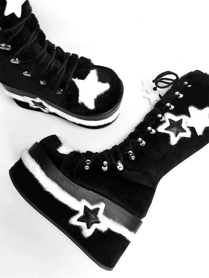Bottes de sous-culture Y2K à plateforme mi-haute en velours et étoile