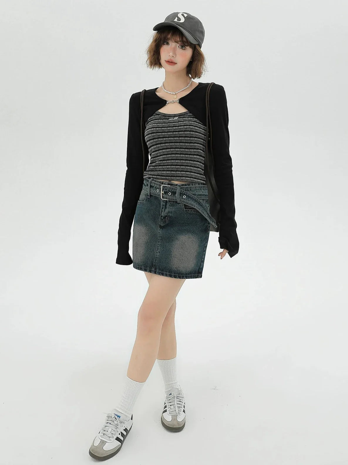 Cami American Cardigan Striped Short Piece Set Top Black Two