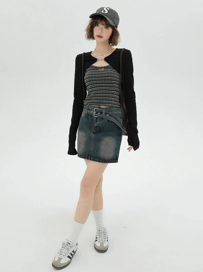 Cami American Cardigan Striped Short Piece Set Top Black Two