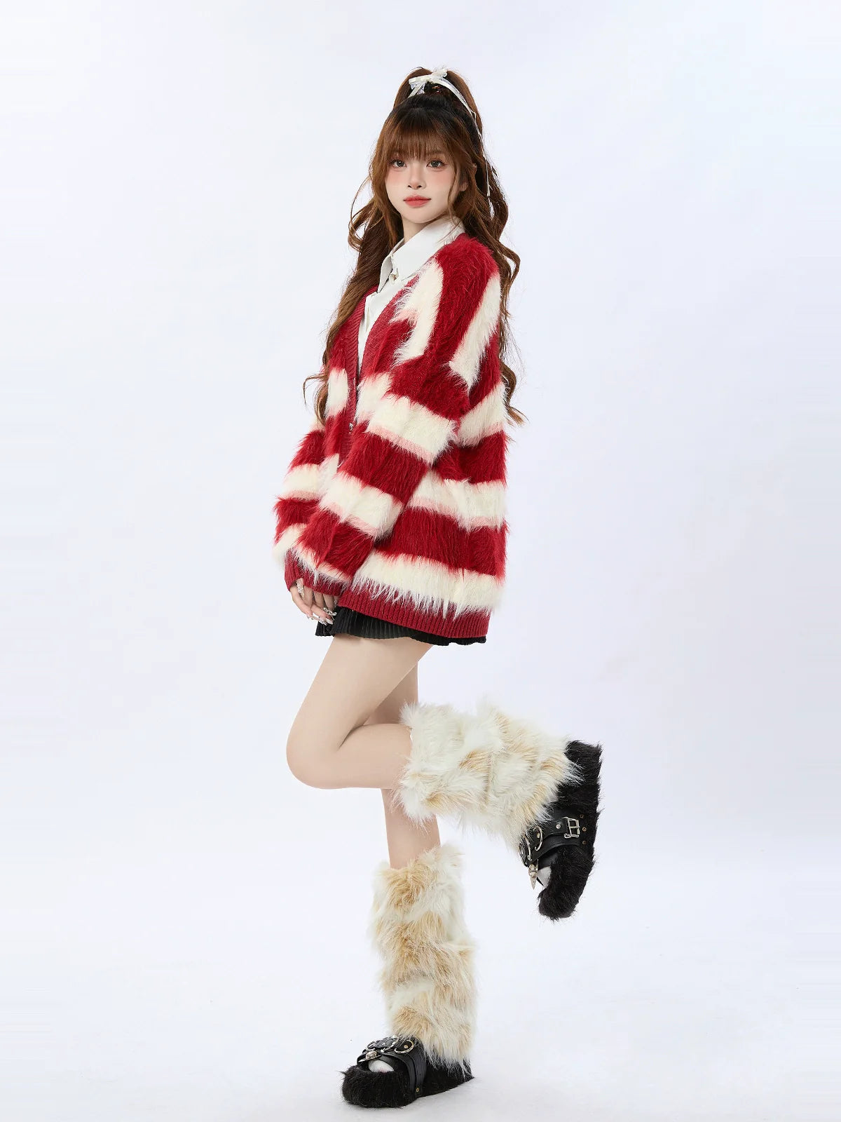 Knit Striped Cardigan Retro Red