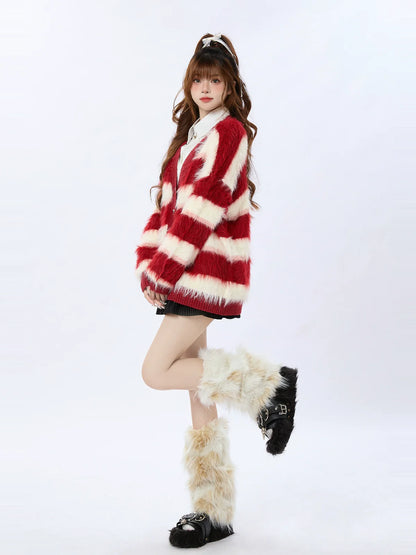 Knit Striped Cardigan Retro Red