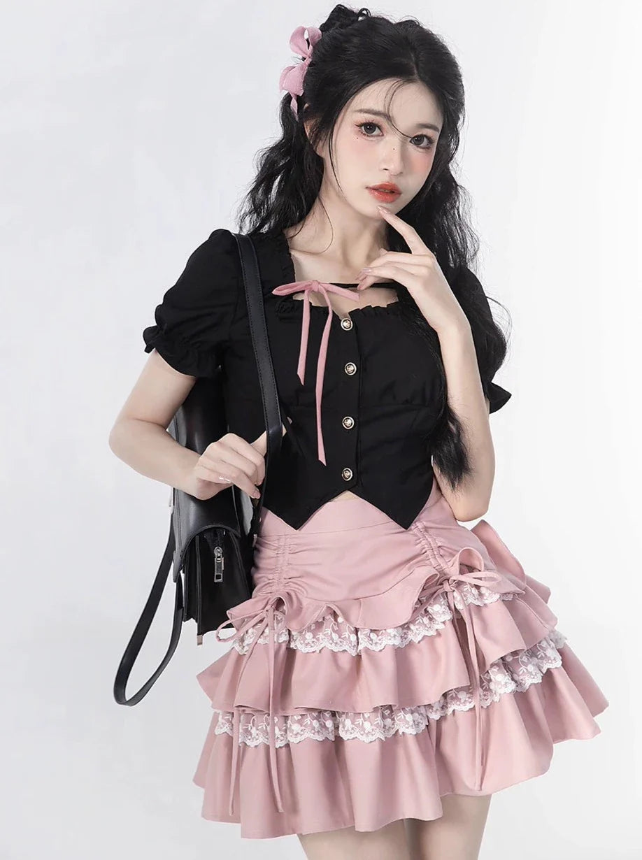 Sleeve + Skirt Cake Square Lace Top Ruffle Neck Puff