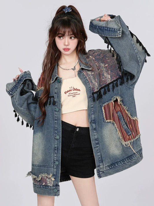 Veste rétro en jean ethnique épissée