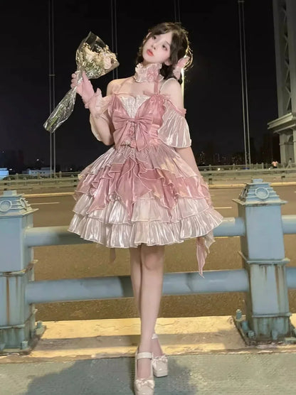 Robe de princesse rose élégante et moelleuse, ensemble de fées fleuries