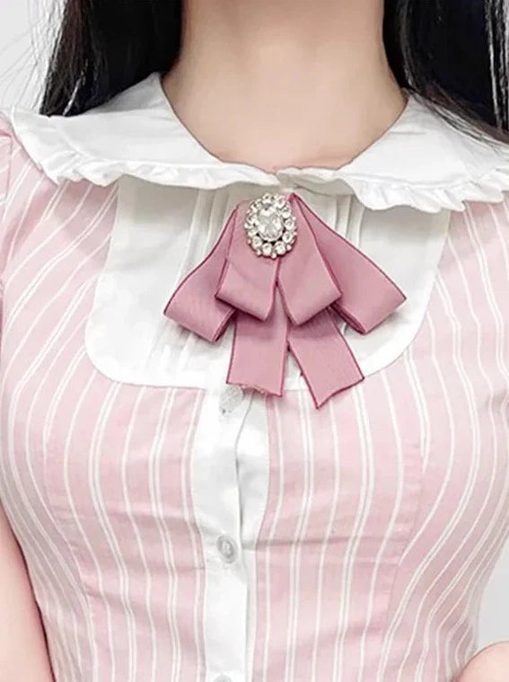 Striped Color Top Ribbon Puff Sleeve Sweet