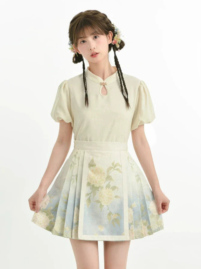 Chemise chinoise + jupe + gilet à manches bouffantes en jacquard