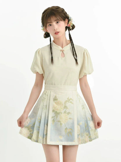 Chemise chinoise + jupe + gilet à manches bouffantes en jacquard