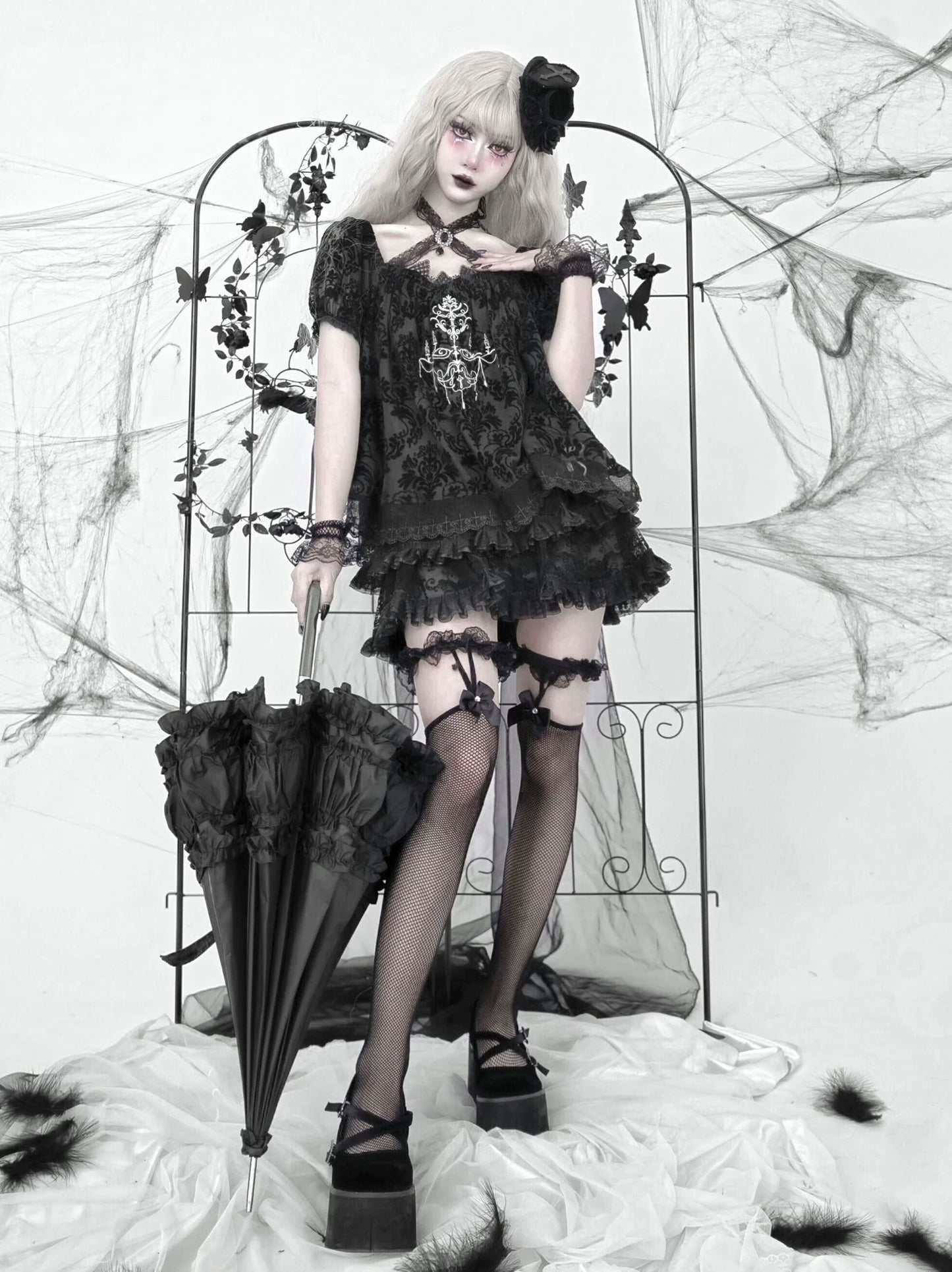 Dark Sleeve Puff Top Gothic Embroidery Lace
