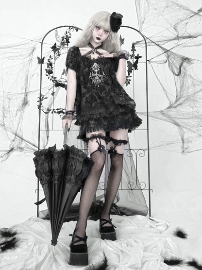 Dark Sleeve Puff Top Gothic Embroidery Lace