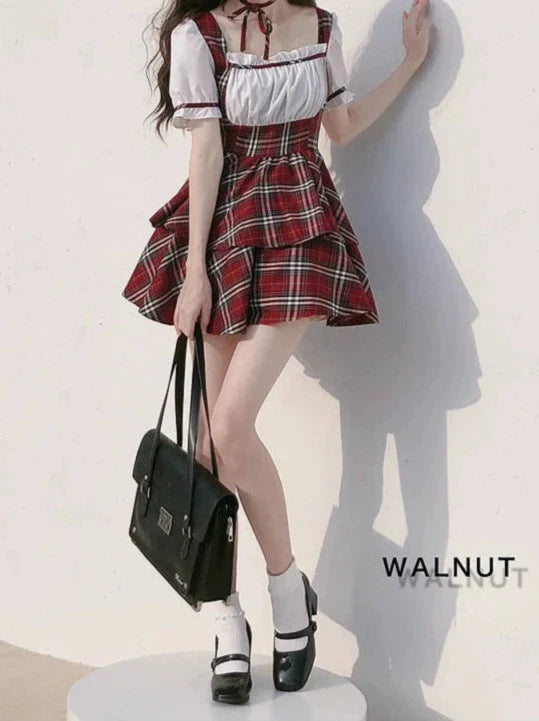 Choker Sleeve Puff Dress Scottish Cake Ribbon Pants Check Red Puffy