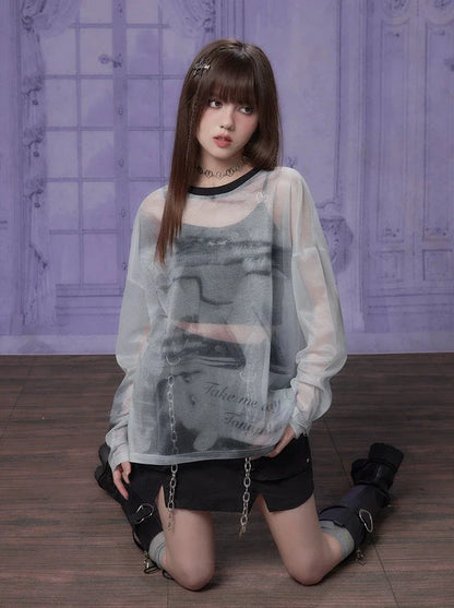 Sheer Print Gray Top Mode Mesh