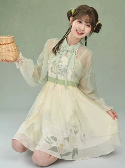 Robe caraco en mousseline de soie chinoise, veste transparente à fleurs