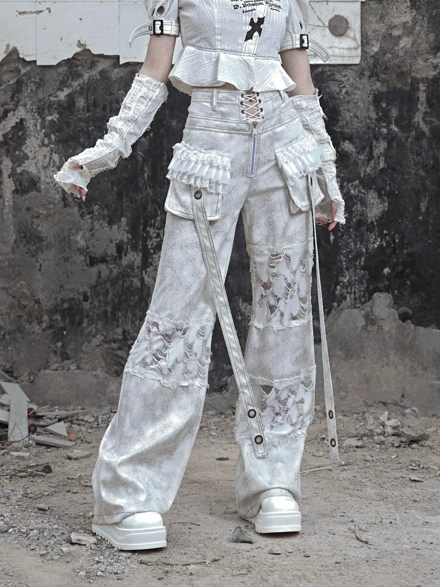 Waist Wide Ruffle Pants Gothic White Lace-Up Pocket
