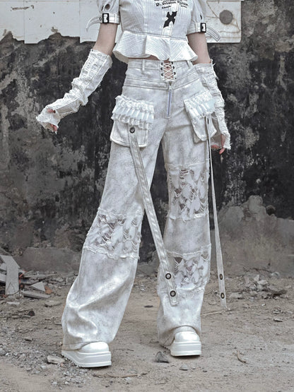 Waist Wide Ruffle Pants Gothic White Lace-Up Pocket