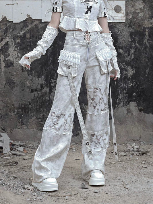 Waist Wide Ruffle Pants Gothic White Lace-Up Pocket
