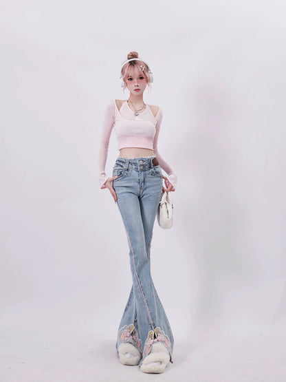 Waist Design Flared Double Denim Slit Pants
