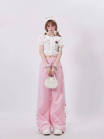 Casual Pants Wide Pink Sweet