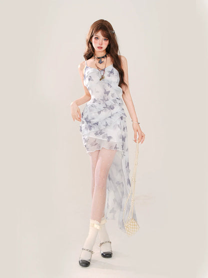 Summer Chiffon Dress Butterfly Cardigan + Asymmetrical