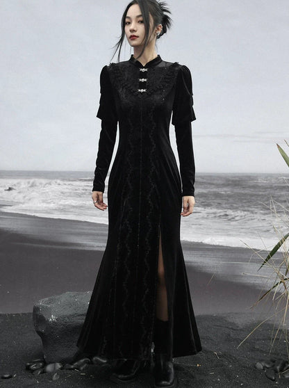 Skirt Retro Slit Long Dark Lace Splicing
