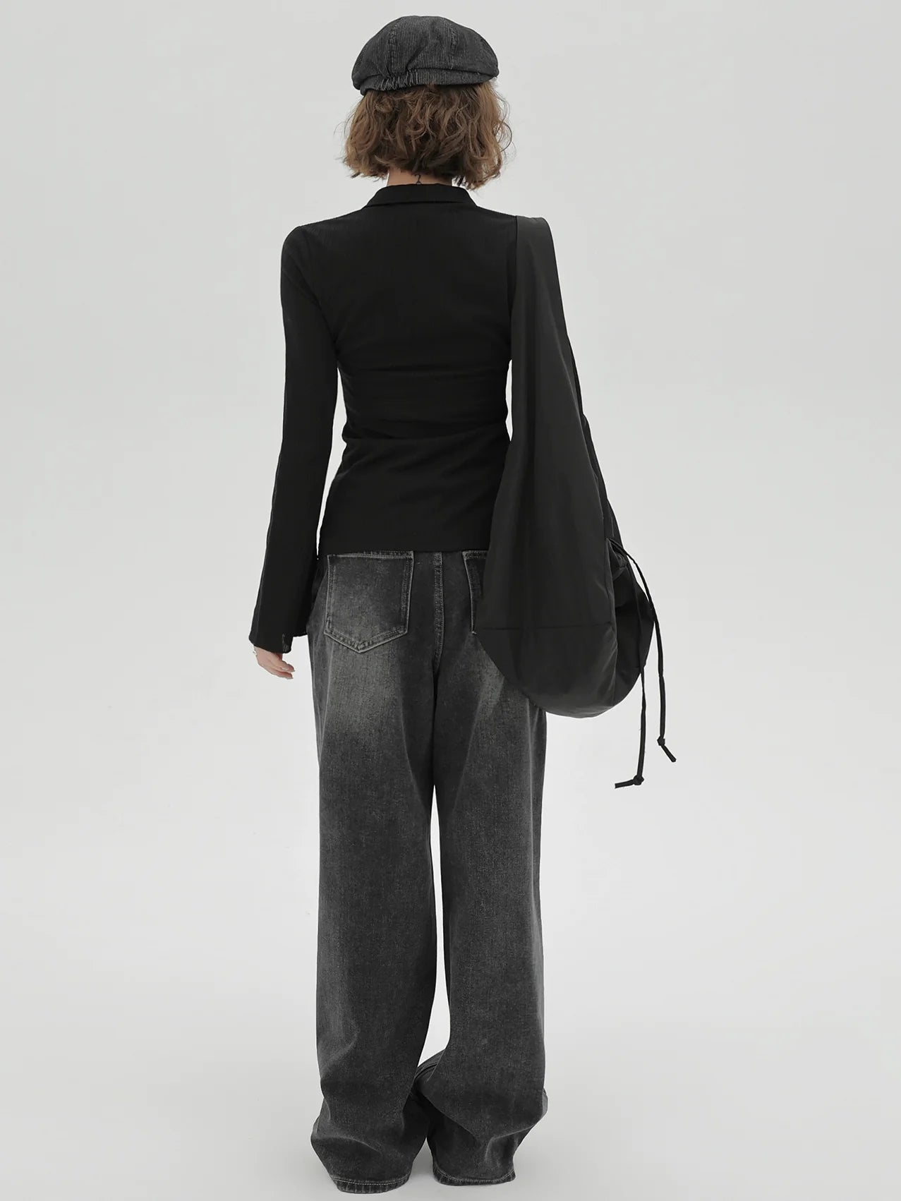 Knit Bell Black Slim Polo Collar Cardigan Sleeve Retro