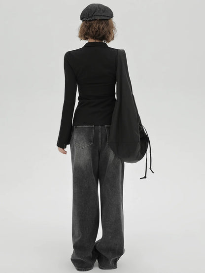 Knit Bell Black Slim Polo Collar Cardigan Sleeve Retro