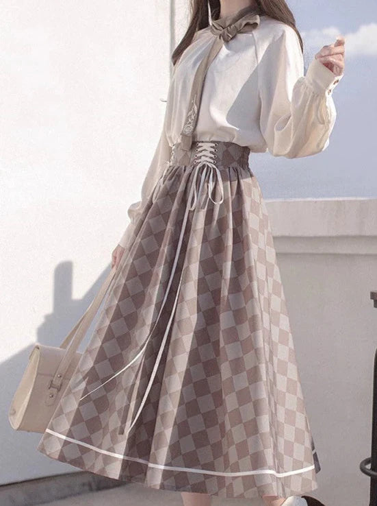 Rosenrock Retro + Brosche Jacke Fliege Hemd Krawatte Französisches Karo Kurzanzug Schnürung
