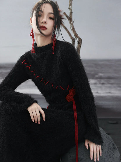 Contrast Dress Rose Irregular Red Knit Sleeve Dark Black Bell