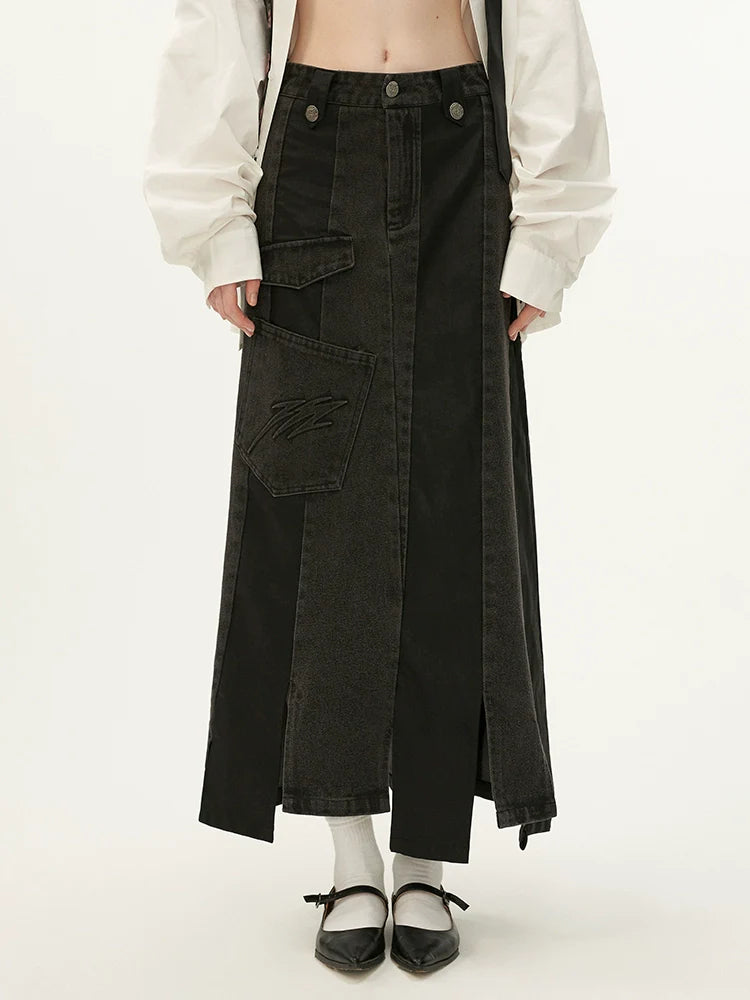 Black Leather Asymmetrical Denim Skirt